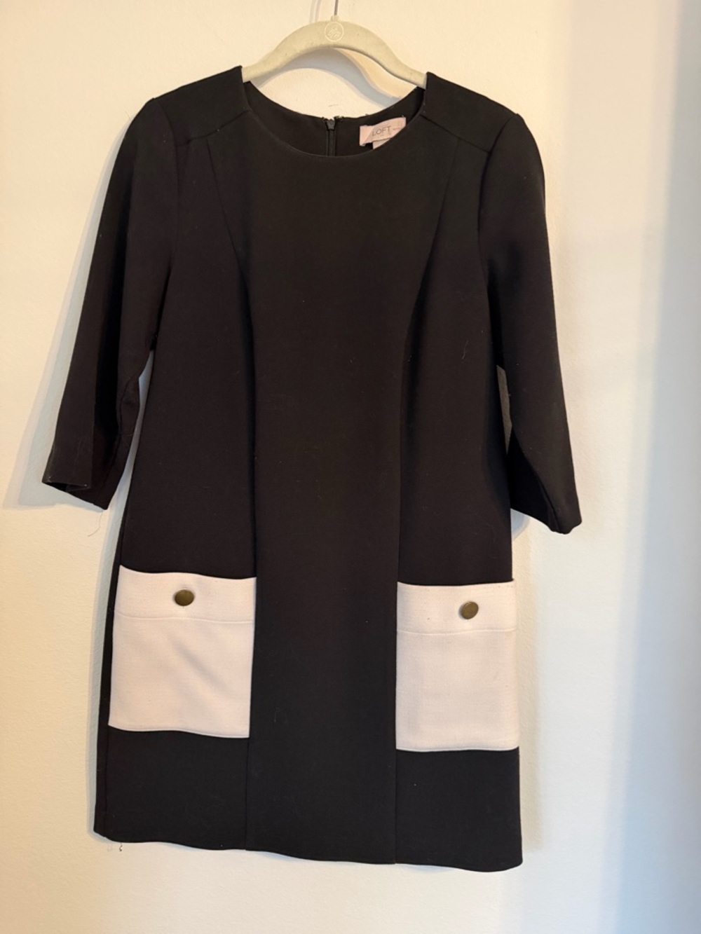 LOFT Black Shift Dress with White Pocket Accents